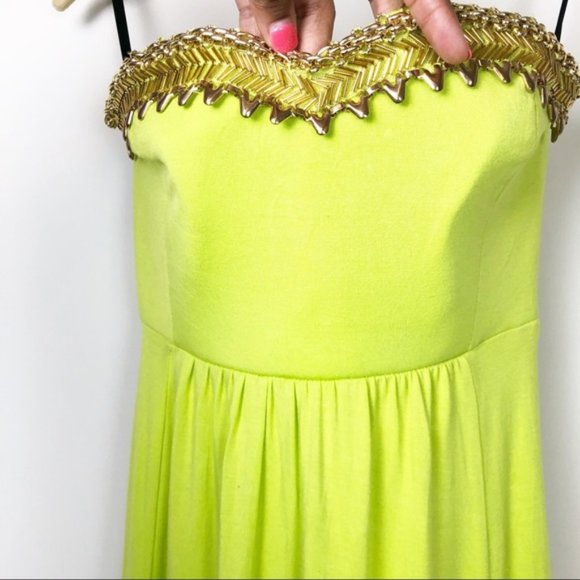 BEBE Bright Green Gold Beaded Maxi Tube Dress - Picture 4 of 8